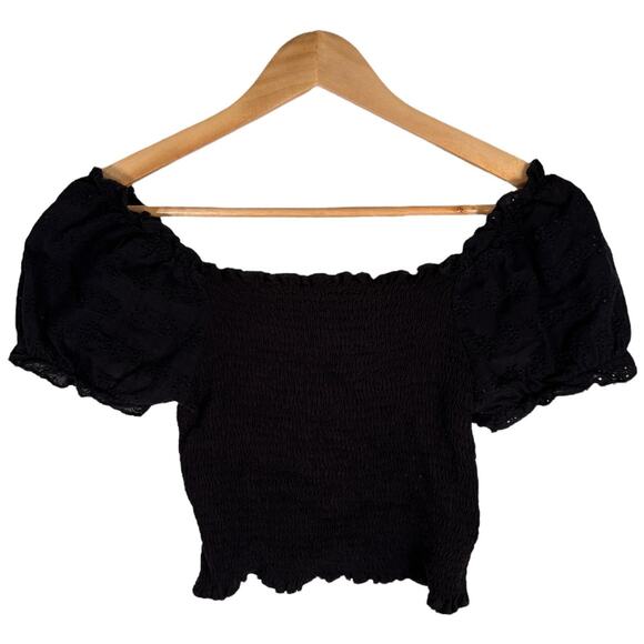 No Boundaries Tops - No Boundaries Y2K Smocked Puff Sleeve Crop Top – Black